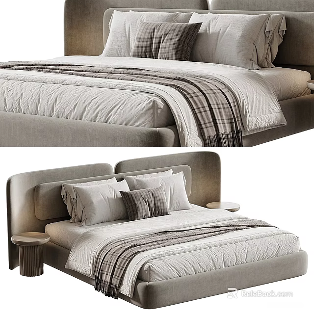 Stylish Double Bed With Upholstered Headboard Striped Bedspread Pillows And Bedside Table 3d model