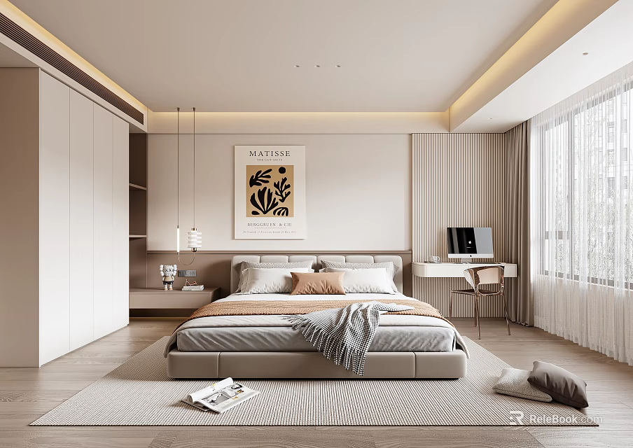 Modern Bedroom Interior With Large Bed Decorative Painting Desk Curtains And Wooden Floor 3d model 