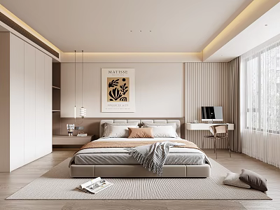 Modern Bedroom Interior With Large Bed Decorative Painting Desk Curtains And Wooden Floor 3d model