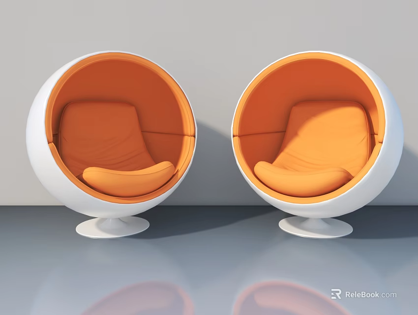 Two Orange And White Spherical Chairs On Gray Floor With White Wall Reflections 3d model 