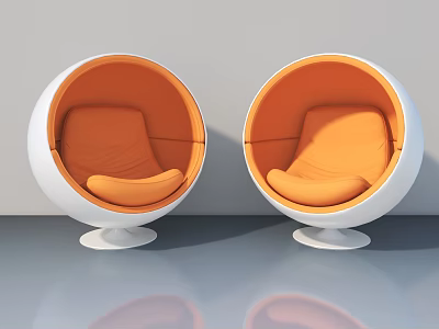 Two Orange And White Spherical Chairs On Gray Floor With White Wall Reflections 3d model