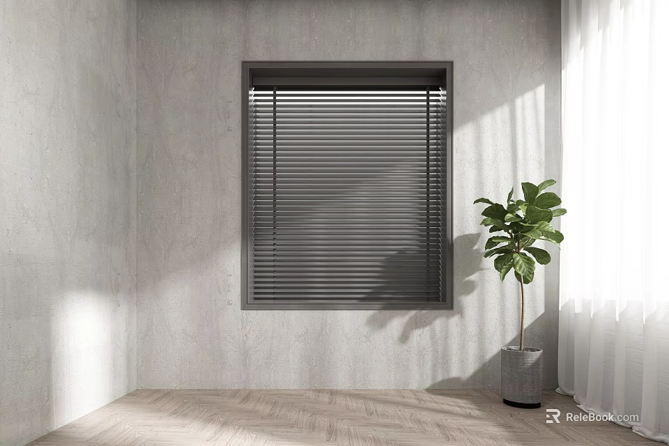 Modern Gray Window Blinds In Bright Room With Green Plant And Wooden Floor 3d model 