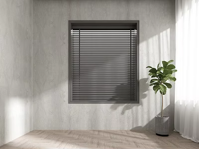 Modern Gray Window Blinds In Bright Room With Green Plant And Wooden Floor 3d model