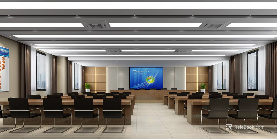 Modern Conference Room Interior With Large Screen Ceiling Lights And Organized Seating 3d model