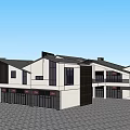 Modern Commercial Complex With Black Roofs White Facades And Large Glass Windows 3d model