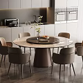 Elegant Round Marble Dining Table Set With Six Beige Chairs In Modern Kitchen Space 3d model