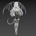 Anime Woman With Black Wings Silver Long Hair Crown Black Dress Stockings And Tail