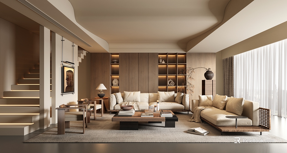 Modern Living Room Interior With Wooden Walls Bookshelves And Beige Sofas 3d model 