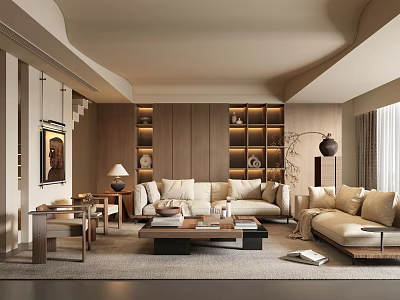 Modern Living Room Interior With Wooden Walls Bookshelves And Beige Sofas 3d model