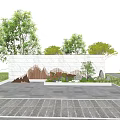 Modern Stone Landscape Wall with Laser-Cut Mountain Pattern and Greenery in Paved Plaza