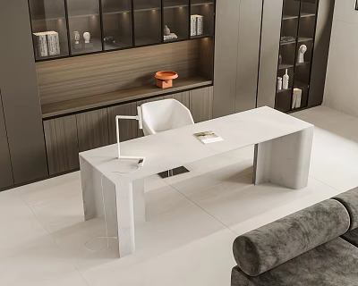 Modern White Marble Desk With White Chair Table Lamp And Book In Stylish Room 3d model