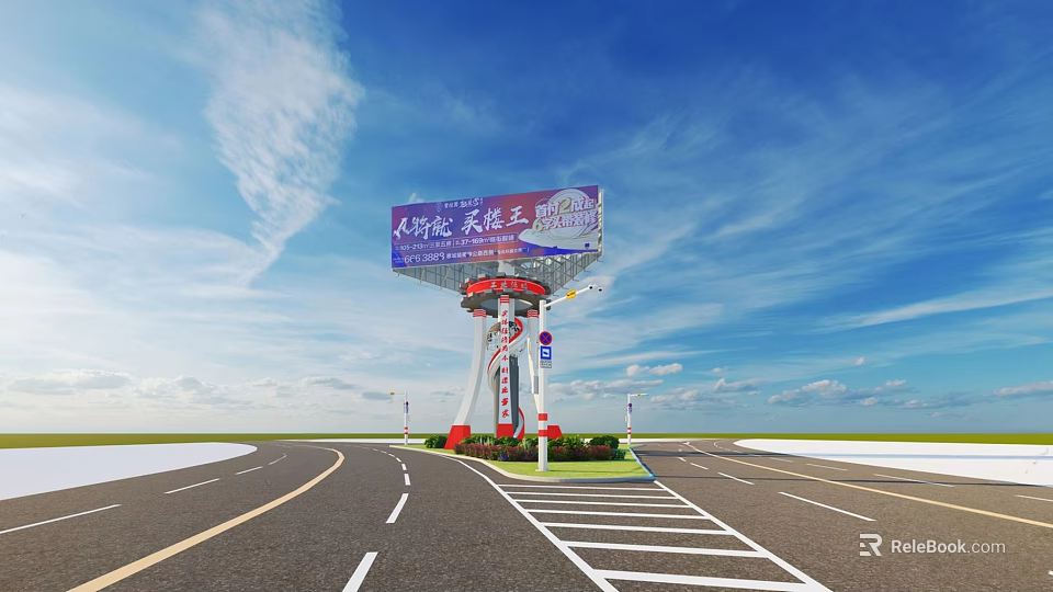 Pillar Style Roadside Billboard Under Clear Blue Sky With White Clouds 3d model 