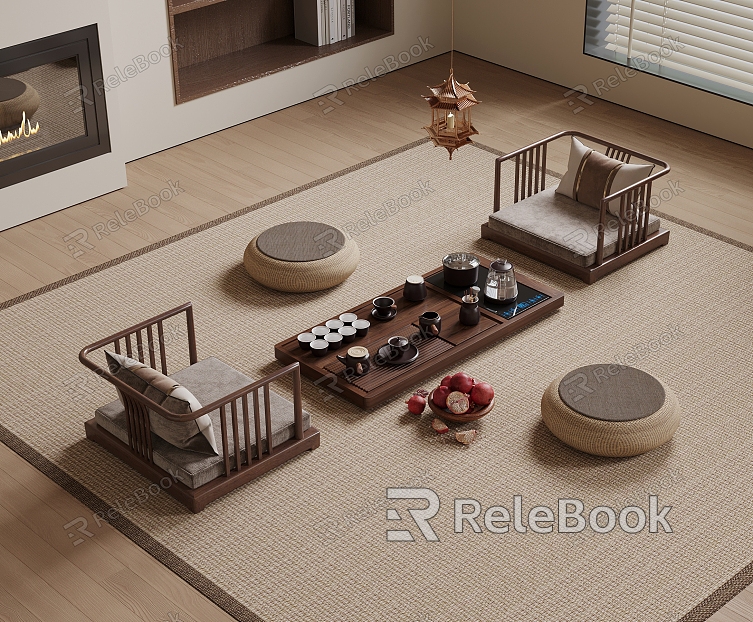 New Chinese Tea Table and Chair Solid Wood Tea Table and Chair Tatami Tea Table and Chair Cushion Tea Set Vase Carpet model