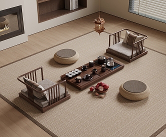 New Chinese Tea Table and Chair Solid Wood Tea Table and Chair Tatami Tea Table and Chair Cushion Tea Set Vase Carpet 3d model