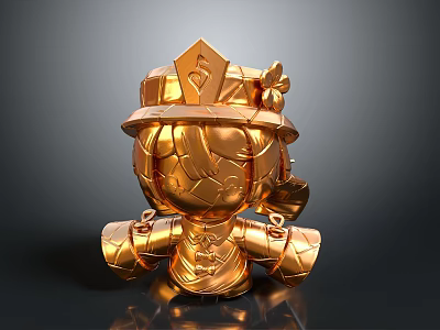 Golden Cartoon Character 3D Statue With Crown Armor And Cracked Texture On Reflective Base 3d model