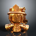 Golden Cartoon Character 3D Statue With Crown Armor And Cracked Texture On Reflective Base