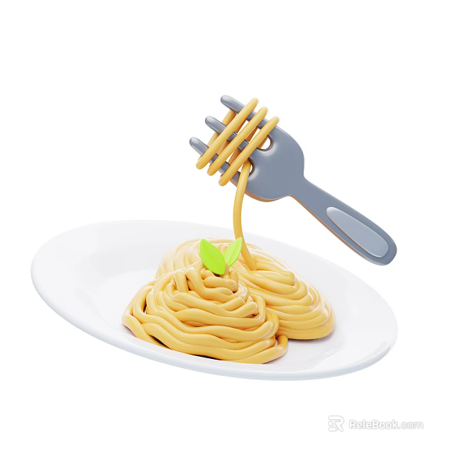 Delicious Spaghetti Pasta on White Plate With Fork Lifting Noodles and Green Leaf 3d model 
