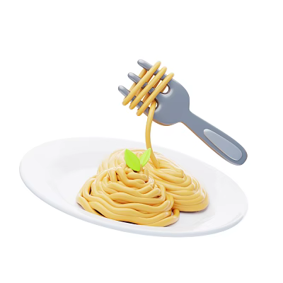 Delicious Spaghetti Pasta on White Plate With Fork Lifting Noodles and Green Leaf 3d model