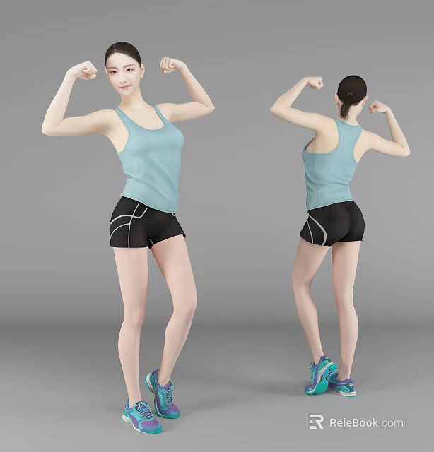 Fit Woman Flexing Muscles In Light Blue Tank Top And Black Shorts Front Back View 3d model 