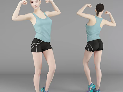 Fit Woman Flexing Muscles In Light Blue Tank Top And Black Shorts Front Back View 3d model