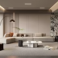 Modern Living Room Interior With L shaped Sofa Floor Lamp And Marble Accent Wall