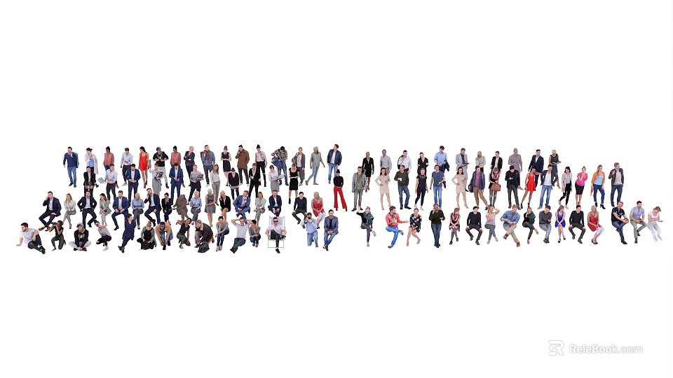Diverse Group of People in Different Poses Standing Together on White Background 3d model 