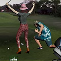 Outdoor Golf Sports Equipment Including Clubs Bag Cart And Balls On Grass Field With Mountains