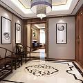 Traditional Chinese Living Room Interior With High Ceiling Wooden Floors Pendant Lights And Large Window