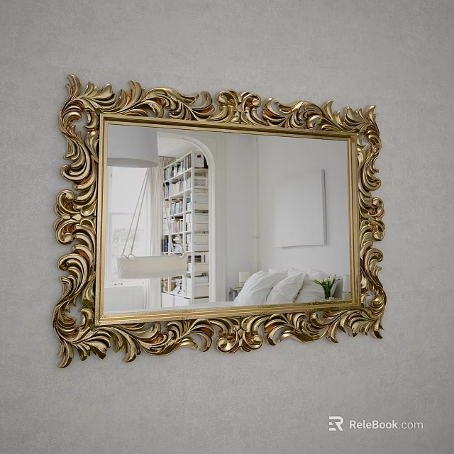 Golden Ornate Framed Mirror Hanging on Gray Wall Reflecting Bookshelf and White Sofa 3d model 