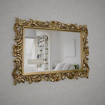 Golden Ornate Framed Mirror Hanging on Gray Wall Reflecting Bookshelf and White Sofa 3d model