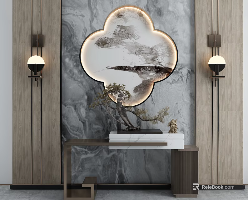 Wooden Chinese Style Console Table With Marble Backdrop Circular Mirror Wall Lamps And Bonsai Tree 3d model 