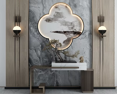 Wooden Chinese Style Console Table With Marble Backdrop Circular Mirror Wall Lamps And Bonsai Tree 3d model