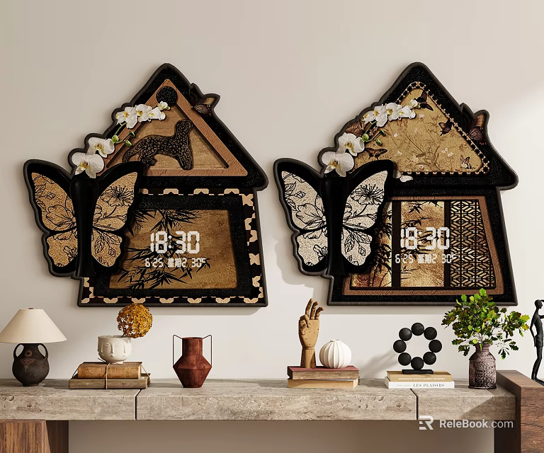Two House Shaped Wall Clocks With Butterfly Decorations Flowers And Decorative Items On Wall 3d model 