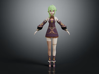 Stylized 3D Anime Character With Green Hair Purple Brown Outfit Decorative Cuffs And Leg Tattoos 3d model