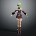 Stylized 3D Anime Character With Green Hair Purple Brown Outfit Decorative Cuffs And Leg Tattoos