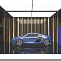Modern Exhibition Hall Design With Blue Sports Car Wooden Stripes And Reflective Floor