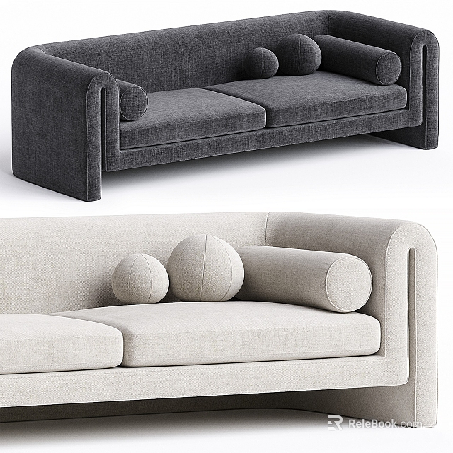 Modern Multi Person Sofa Interior With Gray Beige Fabric And Decorative Round Pillows 3d model 