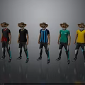 Five Men Wearing Cowboy Hats With Various Colored Shirts And Black Blue Striped Pants
