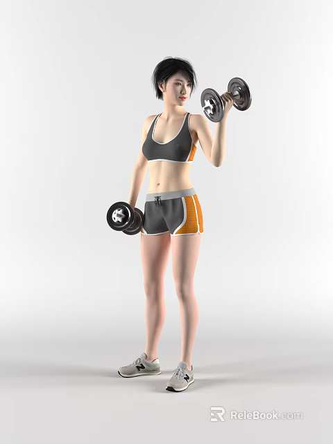 Woman Lifting Dumbbells In Athletic Sportswear During Fitness Workout Session 3d model 