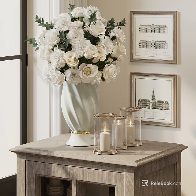 Light White Vase With White Flowers On Wooden Cabinet With Glass Candle Holders And Paintings 3d model 