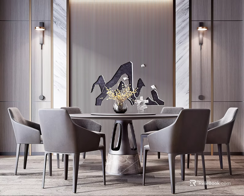 Modern Dining Table Set with Gray Upholstered Chairs Marble Base Abstract Decor and Wall Sconces 3d model