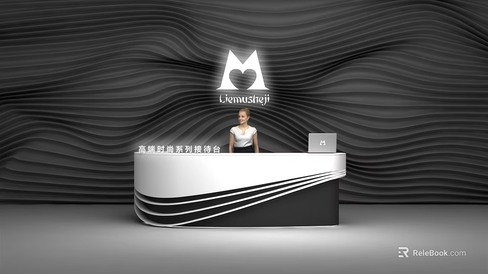 Modern Architectural Series Reception Desk With Black White Curved Design And Wavy Wall Logo 3d model 