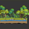 Vibrant 3D Nature Scene with Green Trees Blue Water Yellow Ground and Pink Flowers