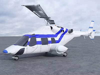White and Blue Striped Helicopter with Extended Rotor on Gray Ground and Cloudy Sky 3d model