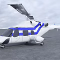 White and Blue Striped Helicopter with Extended Rotor on Gray Ground and Cloudy Sky