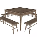 Rustic Wooden Square Dining Table Set With Matching Benches For Home 3d model