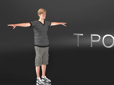Man With Outstretched Arms in Gray T Shirt Khaki Shorts and Sneakers near T PO 3d model