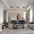 Elegant Modern Living Dining Room Interior With Marble Wall TV Sofa And Large Windows