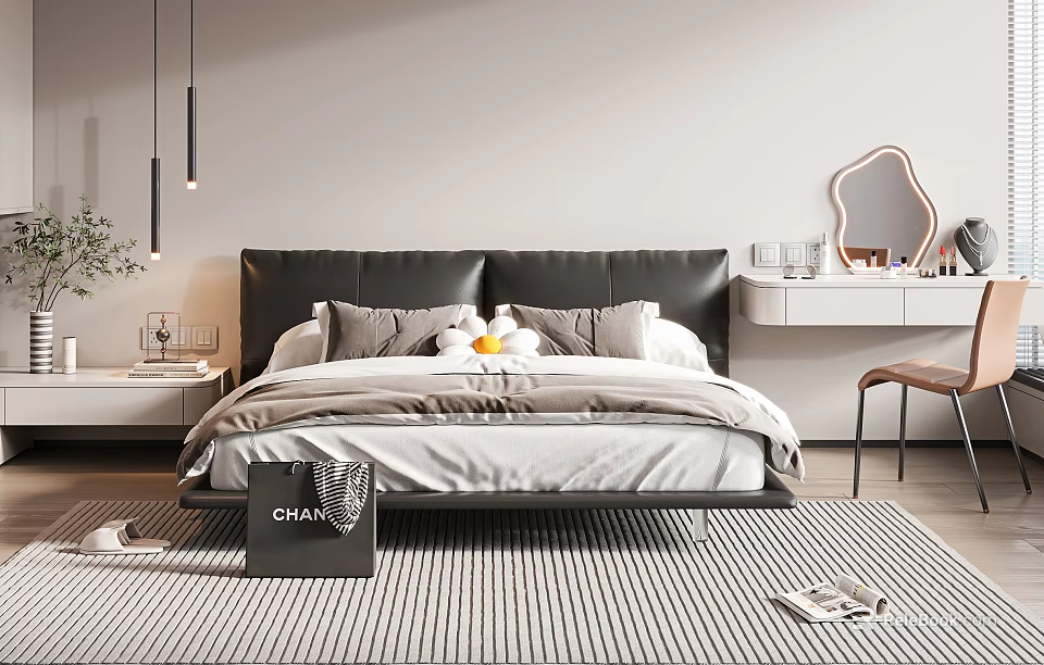 Black Headboard Double Bed With Gray White Bedding Nightstand Striped Rug Dresser Pendant Lights 3d model 