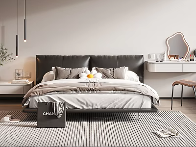 Black Headboard Double Bed With Gray White Bedding Nightstand Striped Rug Dresser Pendant Lights 3d model